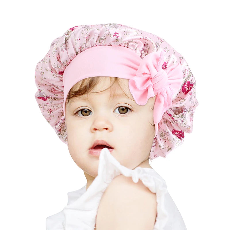 Lovely Fruits Design Wide Band Kids Satin Sleep Bonnets Cap With Bow Tie
