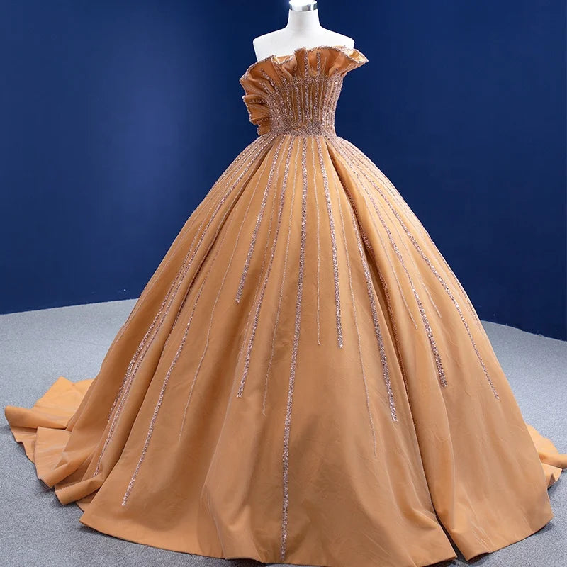Jancember RSM67356 Ladies Elegant and Fashionable Golden Sleeveless Sequined Princess Wedding Dress