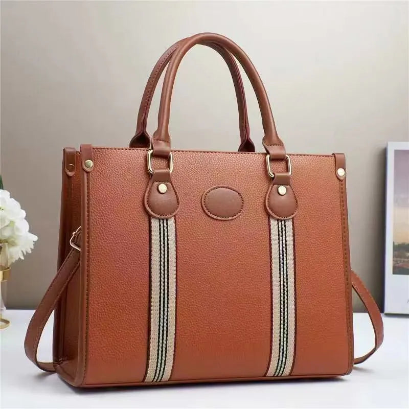Custom logo Handmade Trending Fashionable Colorful Big Brown Pu Leather Handbags for Women Ladies