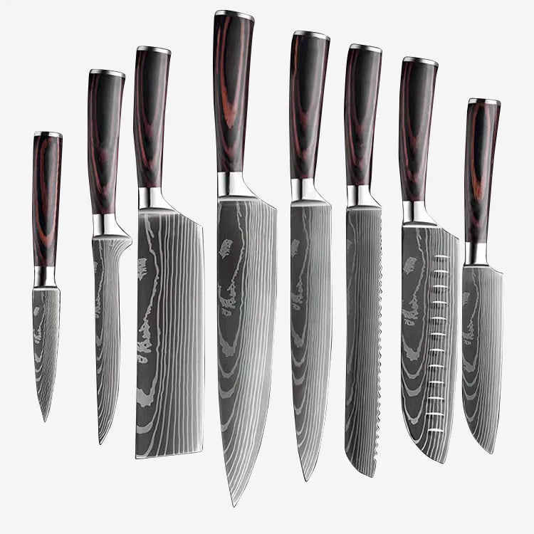 8pcs Kitchen Chef Knives Set 8 Inch 3Cr13 Stainless Steel Damascus Laser Pattern Slicing Santoku Tool