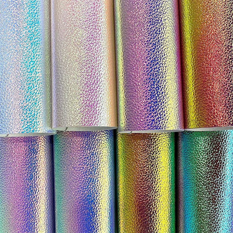 Sparkle Litchi Embossed Holographic Metallic Pu Synthetic Leather for Decorative Box