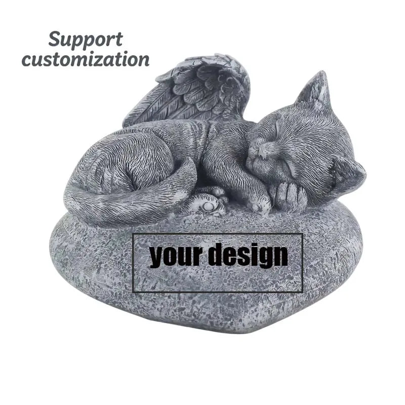 Customizable Angel Wing Kitten Memorial Statue Resin Sleeping Cat on Heart-Shaped Base Personalized Pet Loss Memorial