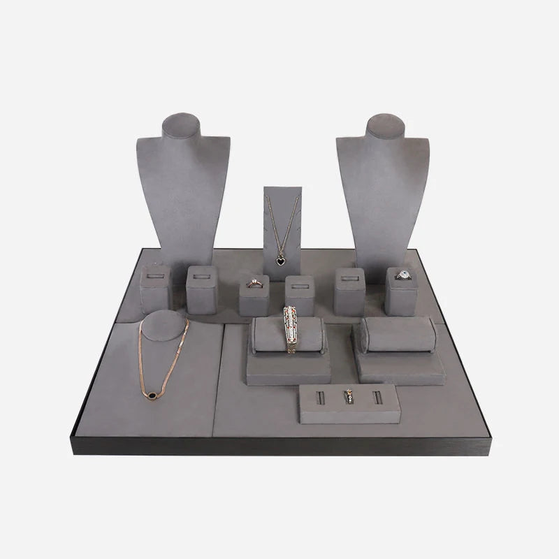 Jewellery Store Window Showcase Pendant Earring Ring Gray Microfiber Velvet Leather Display Prop Stands Mannequin Bust Full Set
