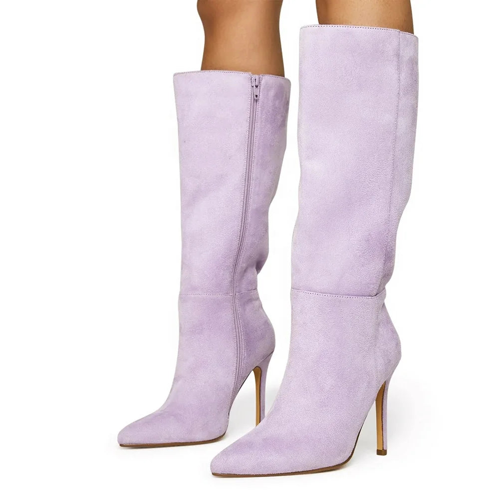 Green Purple Faux Suede High Boots for Women Pointed Toe Stiletto Heel Winter Knee Boots Plus Size