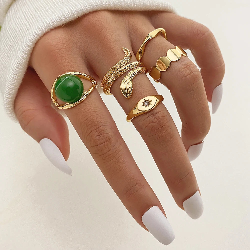 VKME Fashion New Green Gemstone Gold Color Snake Ring Set
