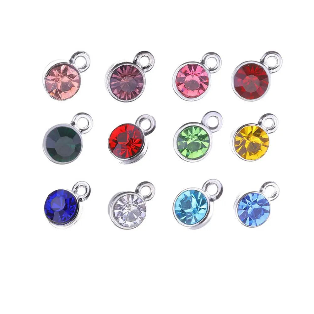 100pcs/lot Silver Color Colorful Crystal Birthstone Charms Metal Round Rhinestones Charms Jewelry Accessories