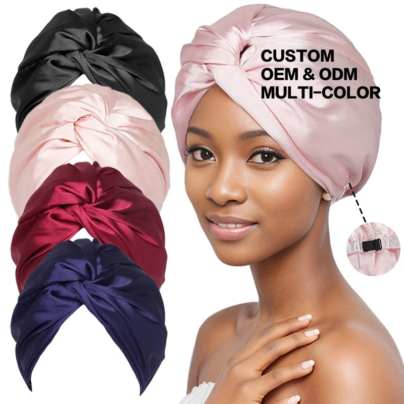 Custom Label Adjustable Silk Satin Hair Bonnet for Women Double Layer Silk Hair Wrap Elastic and Twist Knot Design Hair Sleeping