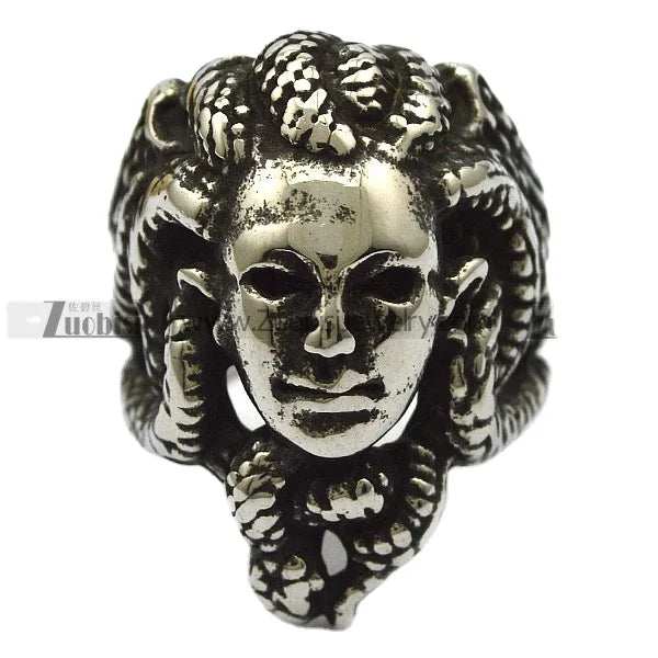 Antique Silver Greek Mythology Gorgon Medusa Finger Ring Stylish Cluster Stainless Steel Jewelry with Gold Plating