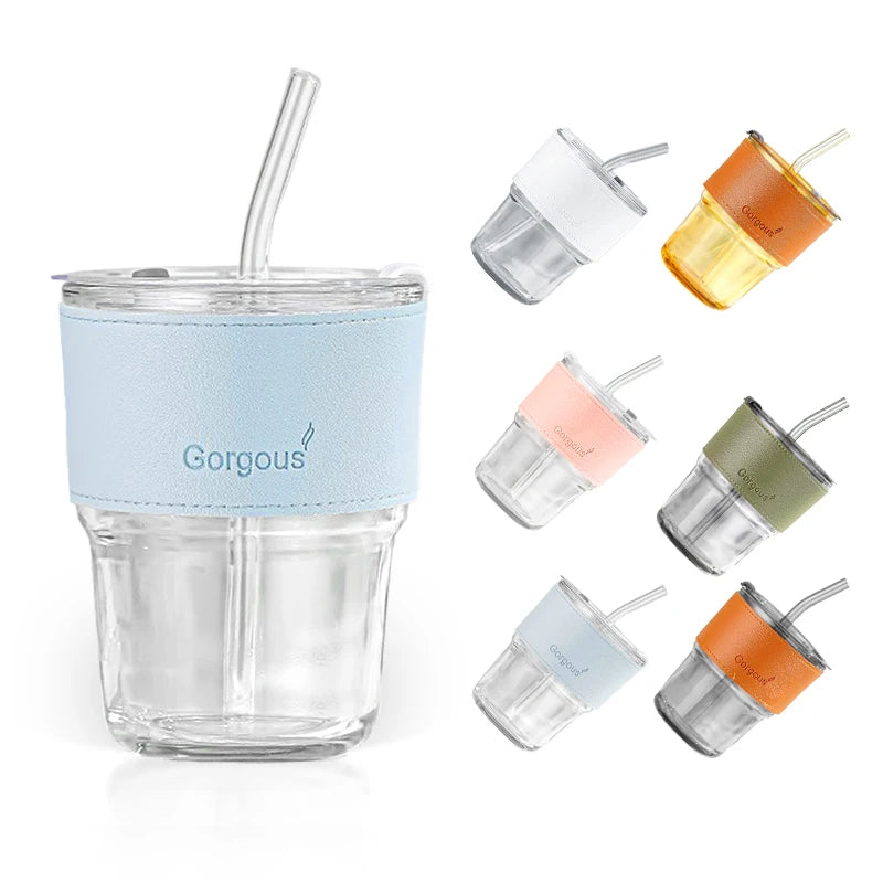 Factory Wholesale 400ml Iced Coffee Milk Glass Cup Bamboo Festival Glass Coffee Cup with Straw and Lid