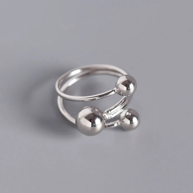 925 Sterling Silver Rings for Women Adjustable Female Multi-layer Glossy Round Ball Finger Rings Jewelry