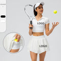 Women's Custom Logo 2-Piece Sports Fitness Yoga Suit Short Sleeve Top Mini Skirt Golf Tennis Workout-Adult Size Tennis Dress