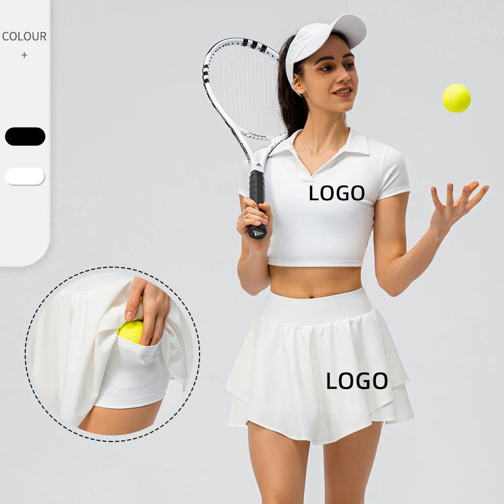 Women's Custom Logo 2-Piece Sports Fitness Yoga Suit Short Sleeve Top Mini Skirt Golf Tennis Workout-Adult Size Tennis Dress