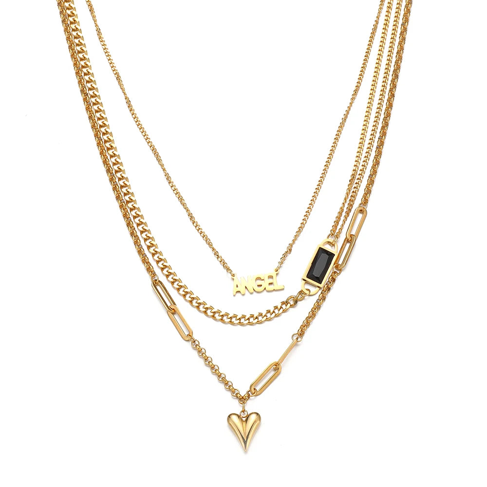 Waterproof PVD Gold Chains Angel Lettering Heart Pendant Necklace Oblong Black Zircon Charm Stainless Steel Layered Set Necklace