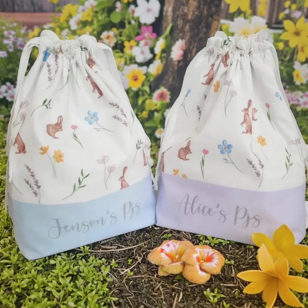 Personalized Your Easter Gift Bag Bunny Print Soft Velvet Drawstring Bags for Easter Holiday Party Decorations
