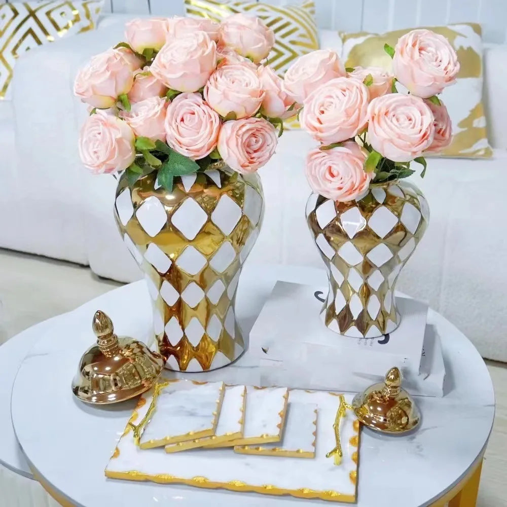 Large Floor Decoration Ceramic Ginger Jars Luxury White and Gold Vase Set for Hotel Hallway Fireplace