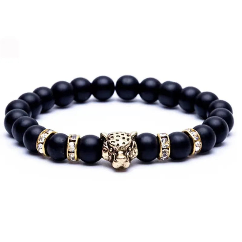 Custom Mens Volcanic Rock Beaded Bracelets Luxury Nature Stone Animal Leopard Head Bead Lava Stone Couple Bracelet