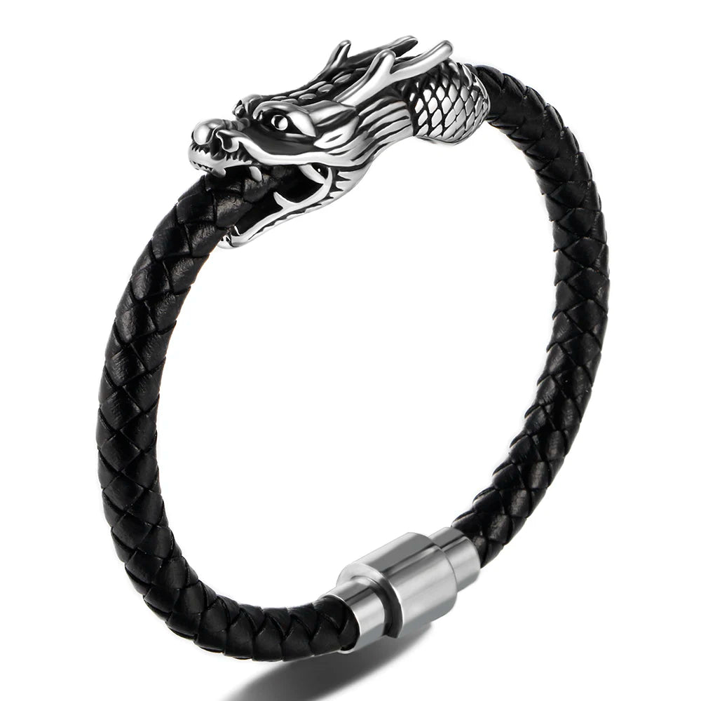 Stainless Steel Leather Woven Dragon Bracelet Personalized Men's Leather Customizable Bracelets
