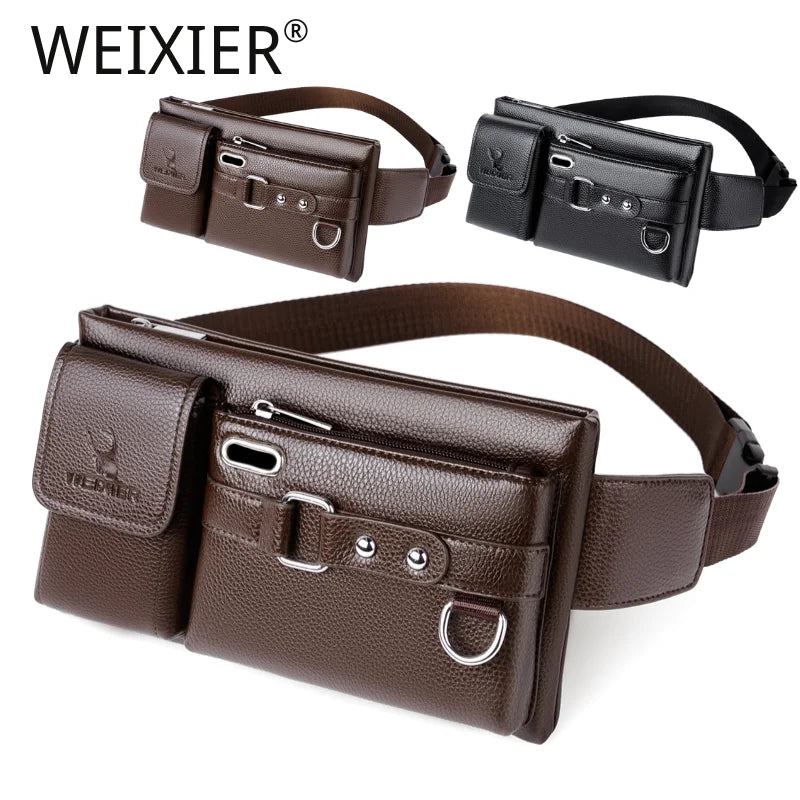 Customized Logo Fashion Waterproof Zipper PU Leather Men's Pillow Shape Shoulder/Waist/Chest Bag Leisure Large Capacity Earphone