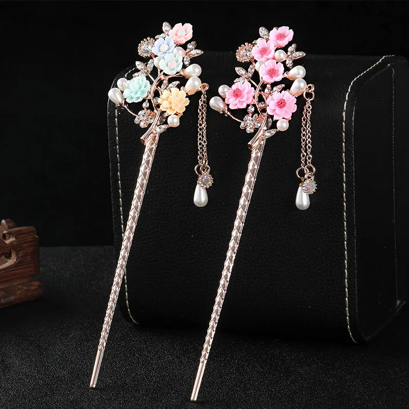 Chinese Style Tassels Metal Hair Sticks Hairpin Pearl Hair Pins Clip Flower Hair Chopsticks Wedding Party Headwear Headpiece