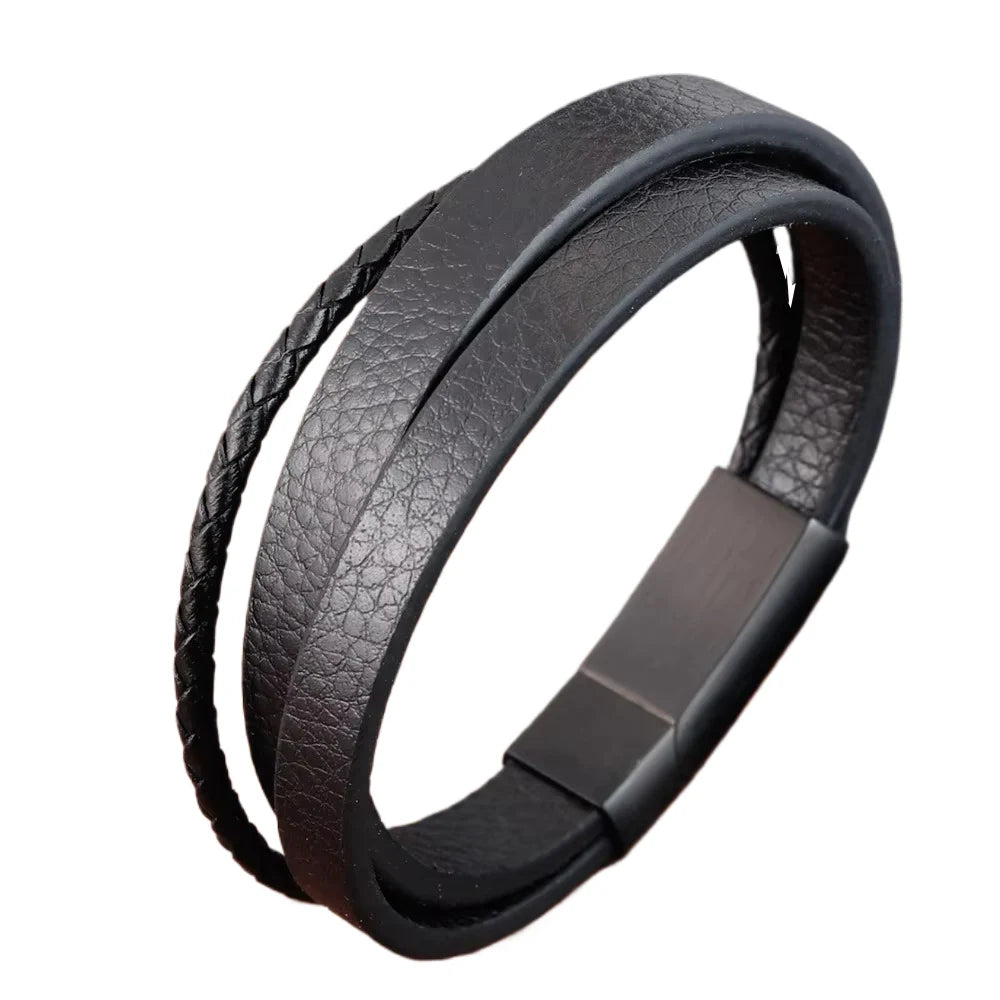 2024 NEW Metal Leather Bracelet Stainless Steel Magnetic Buckle Bracelets Men Simple Jewellery