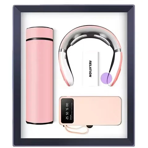 Wholesale 3 in 1 Vacuum Flask Neck Massager Power Bank With Phone Stand Luxury Business Welcome Cooperate Gift Set