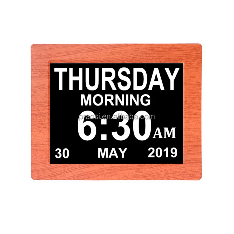 Custom 8\" Inch Bamboo Wooden Digital Clock WiFi Weather Temperature Display Modern Design Snooze Table Desk Dementia Clock
