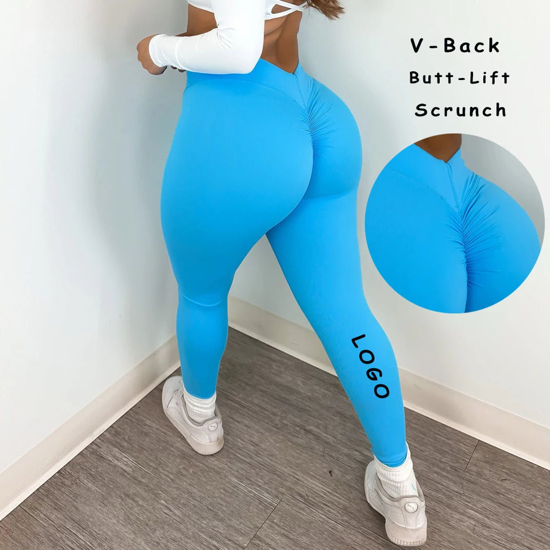 2023 Custom Logo Fitness Gym Workout Sports Wear Tummy Control V Back Scrunch Butt Lifting Yoga Leggings Pants for Women