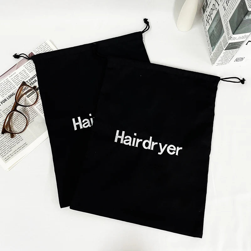 Custom Logo Embroidered Black Dustproof Pouches Drawstring Cotton Twill Hairdryer Bags