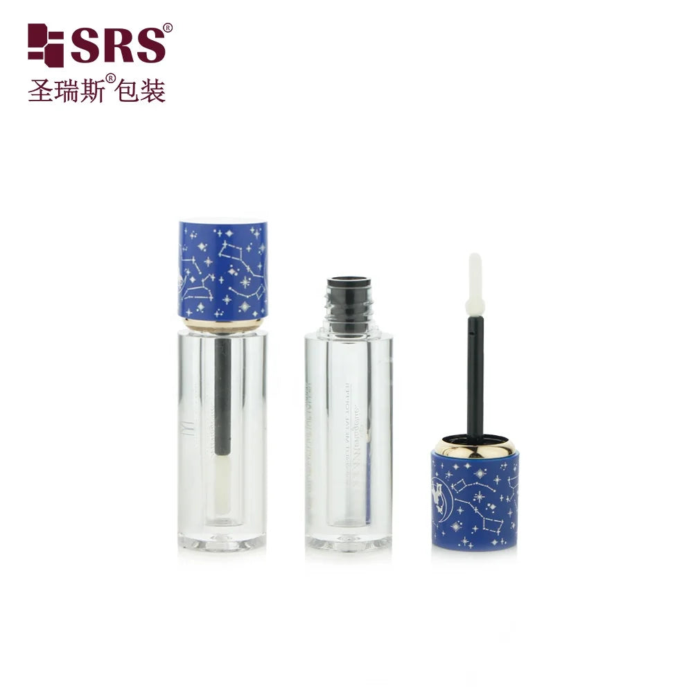 SLR002-4ML Empty Round  Thick Bottom Lip Tint Packaging Clear Bottle With Black Wand Soft Brush Applicator Blue Cap With Zodiac