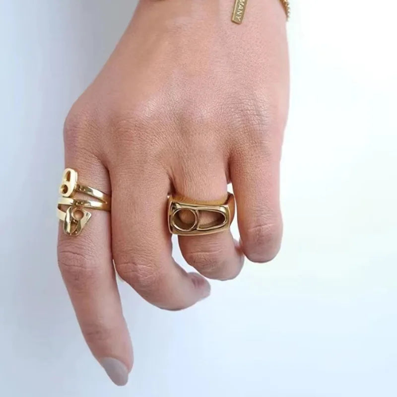 Joolim Jewelry Wholesale 18K Gold Plated Hollow Two Hole Stainless Steel Irregular D Rings for Women Rings