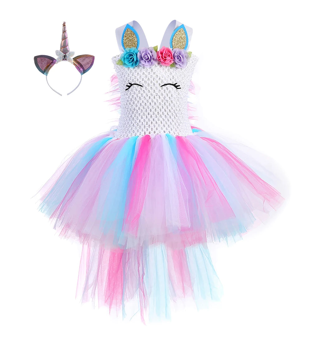 Tutu Dress Colorful unicorn Pattern Flower Children's Dresses With Headband Birthday Party    Tulle Girls Dresses