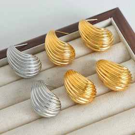 High End Waterproof 18k Gold Plated Stainless Steel Droplet Earrings Tarnish Free Geometric Hollow Out Water Drop Stud Earrings