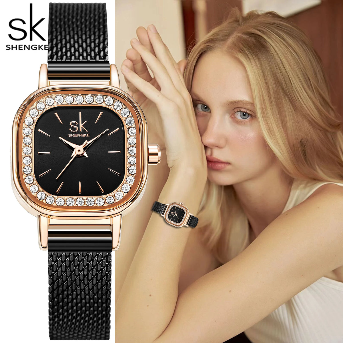 ShengKe K0170L Cartoon Water Resistant 3BAR Rose Gold Fashion Stainless Steel Watch Strap Crystal Diamond Women Quartz Watches MegaBDM