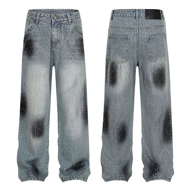 Glitter Jeans Europe and America Polka Dot Washed Graffiti Men's Jeans Baggy Hanging Sensation Clothes Women Jeans