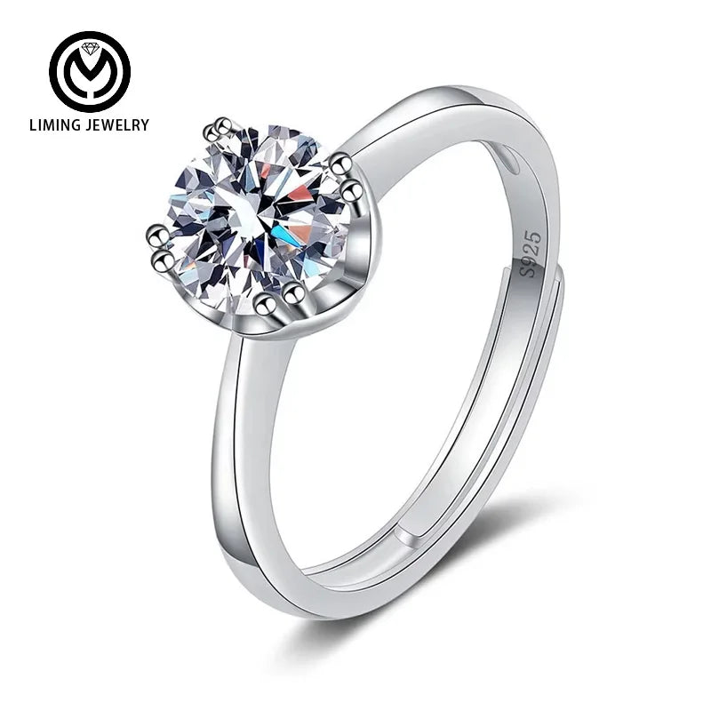 MR23 Classic 8 Claws 925 Sterling Silver Rhodium Plated Adjustable Engagement 1 Ct Moissanite Promise Fine Jewelry Ring Women