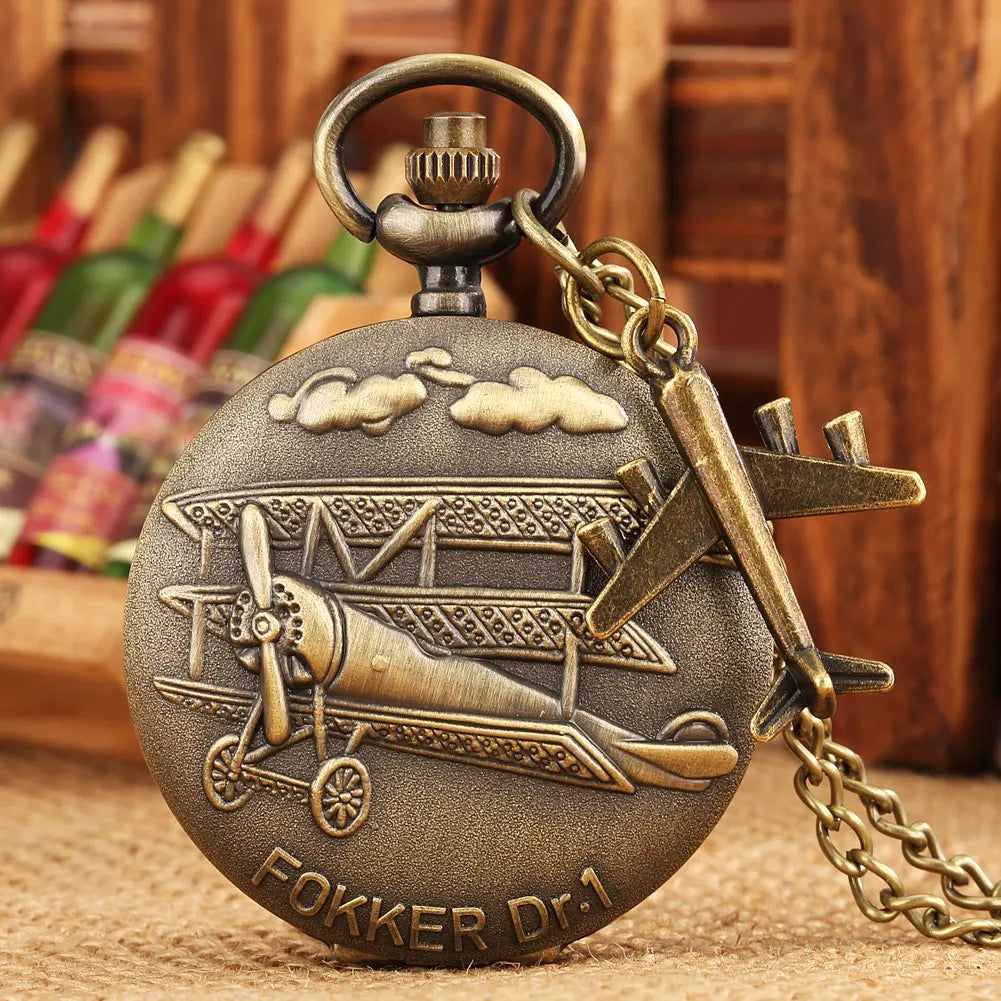 Vintage Aircraft Pocket Watch with Mini Plane Charm Pendant for Antique Metal Craft Gift for Men Pilot