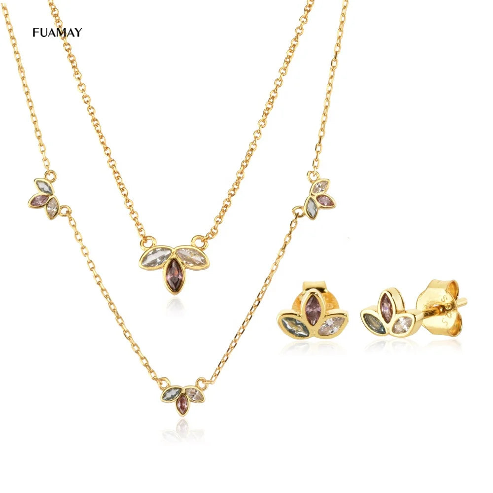 FUAMAY Silver Clovers Three Leaves Flower Earrings and Necklace Jewelry Sets Colorful Stone Earrings Studs