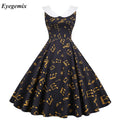 Summer Dress Women Sweet Peter Pan Collar Vintage Elegant Music Note Print Slim Sleeveless Party Dresses Robe