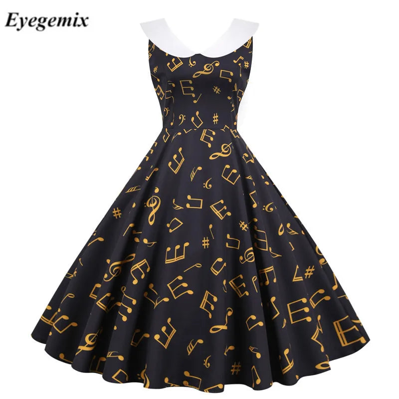 Summer Dress Women Sweet Peter Pan Collar Vintage Elegant Music Note Print Slim Sleeveless Party Dresses Robe