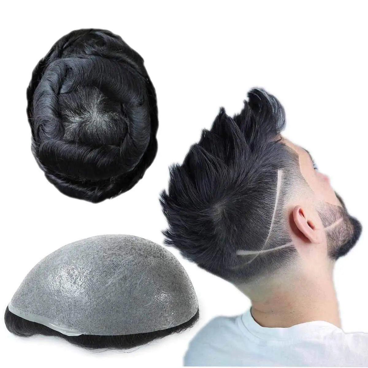 Wholesale Ready Ship 0.06-0.08mm Thin Skin Men's Hair Replacement System Indian Human Hair Body Wave 6 Inches 120% Density Poly
