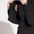 Women's Long Sleeve Stripe Stand Collar Bomber Jacket Custom Logo Wholesale OEM Plus Size Recyclable Cropped Paneled Design