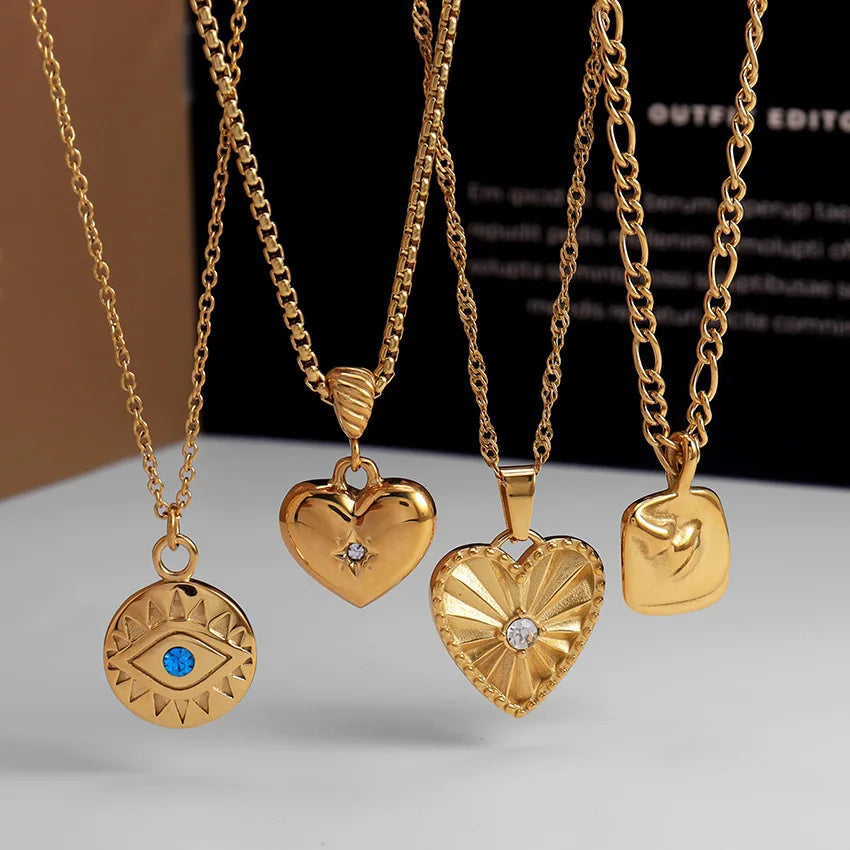 Nordic Style 18K Gold Plated Stainless Steel Jewelry Heart Shaped Charm Pendant Necklace With Single Stone