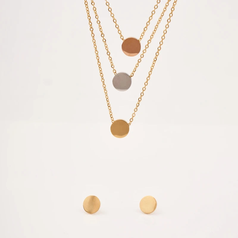 18K Gold Color Disc Pendant 2 Earrings Set 304 Stainless Steel Classic Style Classic Fashion Layered Chain Necklaces
