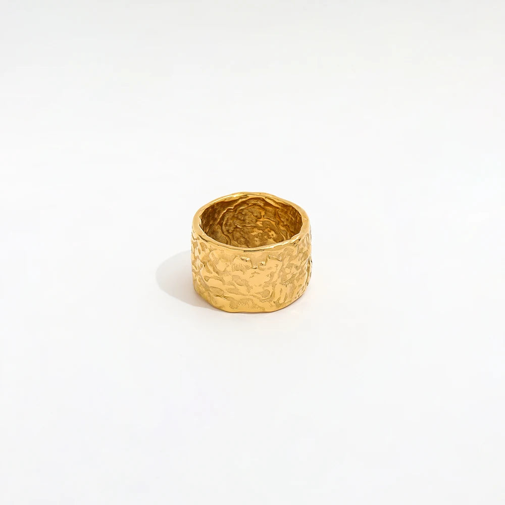 High End 18K Plain Gold Irregular Crater Surface Stylish Rings Stainless Steel Trendy Simple Gold Plated Jewelry