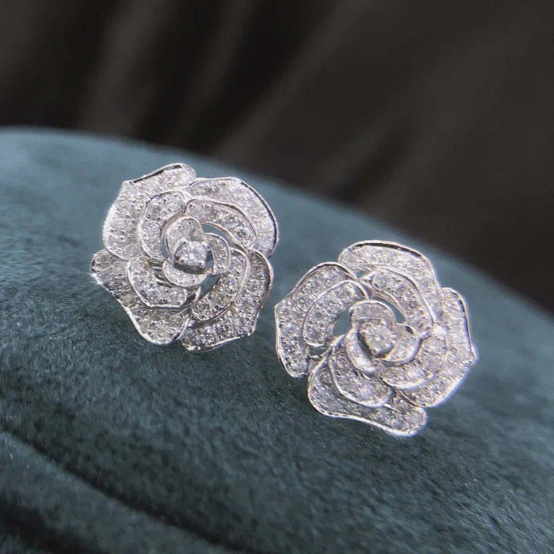 Rose Flower Silver Fashion Hollow Out Camellia Flower Zircon Earrings Stud