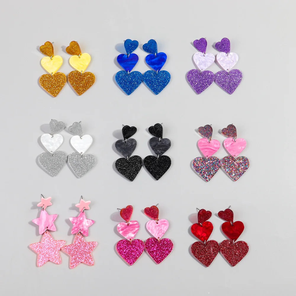 Hot Selling Ins Pop Jewelry Colorful Glitter Lover Pendant Wobbly Heart Laser Cut Acrylic Earrings Women Valentine's Day Gifts