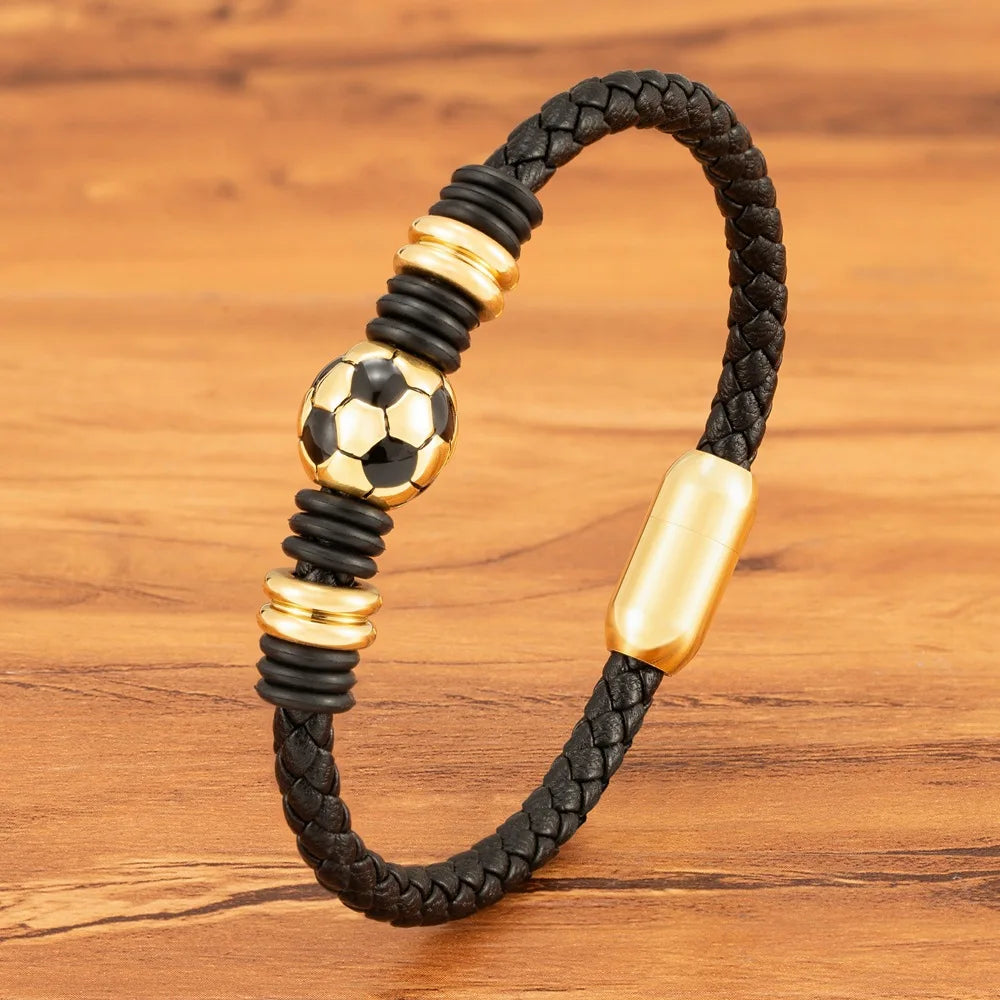 Customized Genuine Leather Bracelet Stainless Steel Magnetic Antique Retro Metal Football Accessories Leather Bracelet for Men