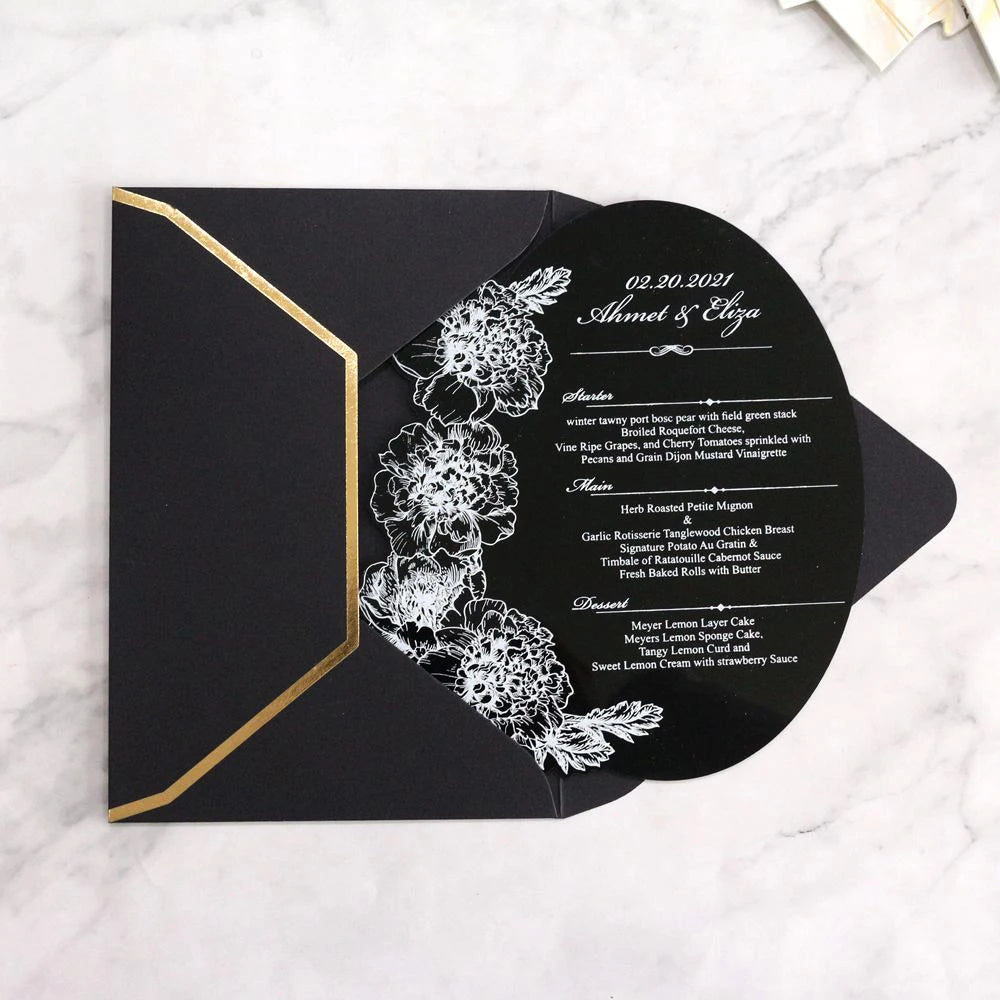 2026 Floral Design Black Acrylic Menu Card Luxury Handmade Wedding Invitations with Envelope Hot Stamping Foil Paper Material