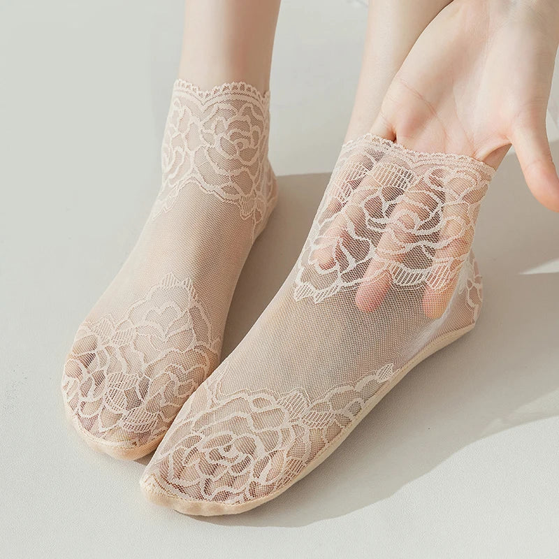 4Pairs /set Fashion Popular Summer Solid Color Shallow Mouth Cotton Bottoming Invisible Socks Thin Lace Female Boat Socks