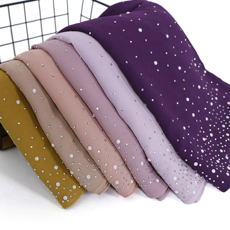 Wholesale Plain Chiffon With Pearl Scarf Thick Bubble Heavy Chiffon Hijab Muslim Woman Shawl MegaBDM